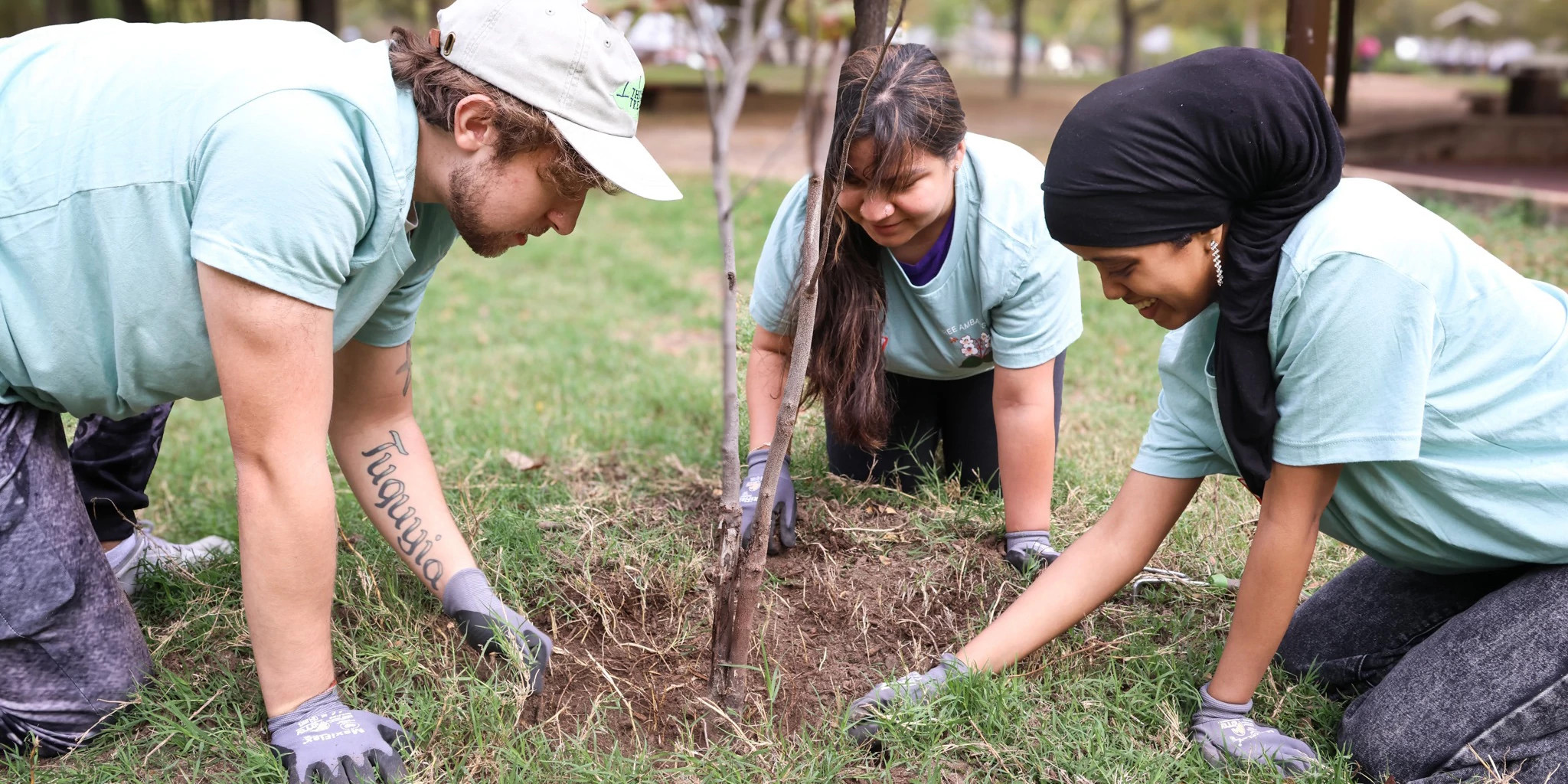Three people planting a new tree in the ground.