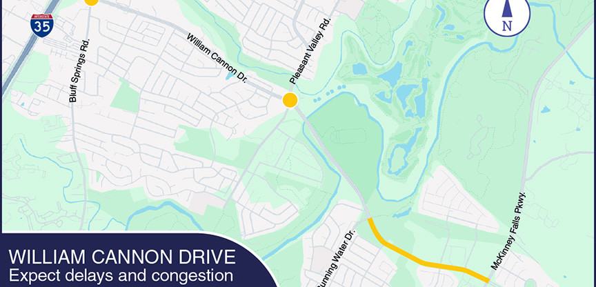 Map of William Cannon Drive with a yellow dot on Pleasant Valley Road and another yellow dot on Bluff Springs Road and a yellow highlighted road from Running Water Drive to Mckinney Falls Parkway.
