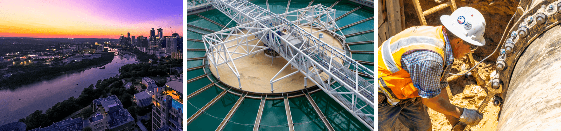 A collage of three images related to Austin Water, including an aerial shot of Lady Bird Lake with the downtown skyline in the background, a view of a clarifier basin at a water treatment plant, and a worker adjusting bolts on a pipe with a wrench.