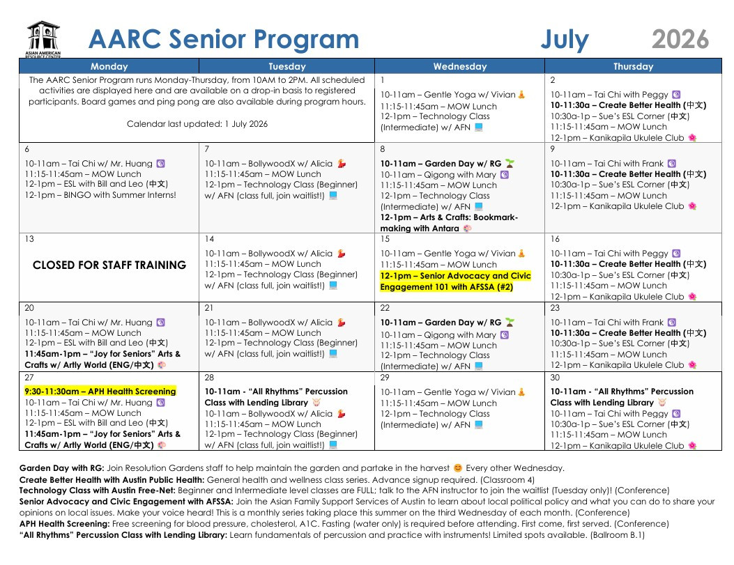AARC Senior Program Calendar July 2026