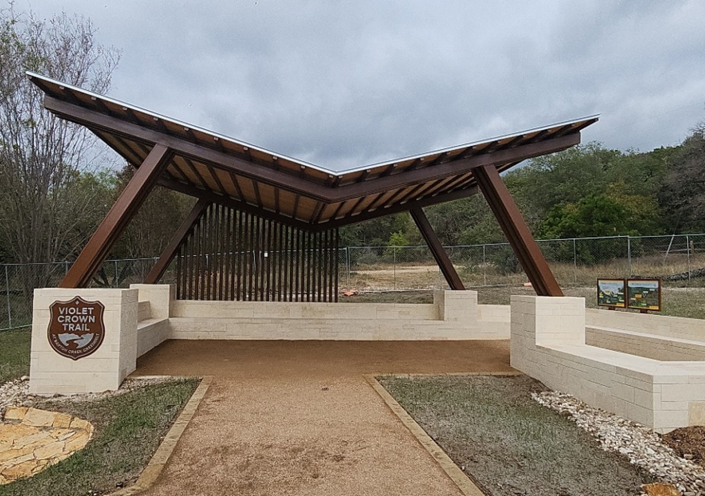 Photo of the finished pavilion, which includes a crushed granite path and limestone seating.