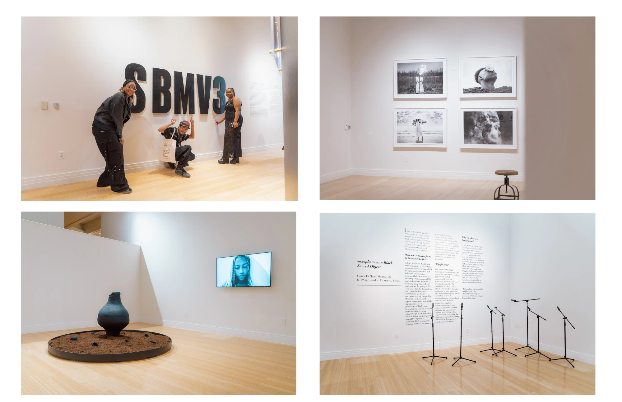 A grid consisting of four photos that include the Small Black Museum volume 3 artists and their works.