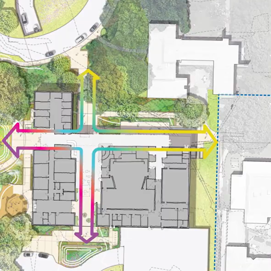 An illustration detailing the four major exit and entry points of the Dougherty Arts Center in a site plan proposed in 2022.