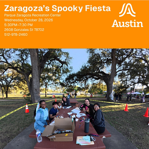 Flyer for Zaragoza Spooky Fiesta with photo of community enjoying last years event