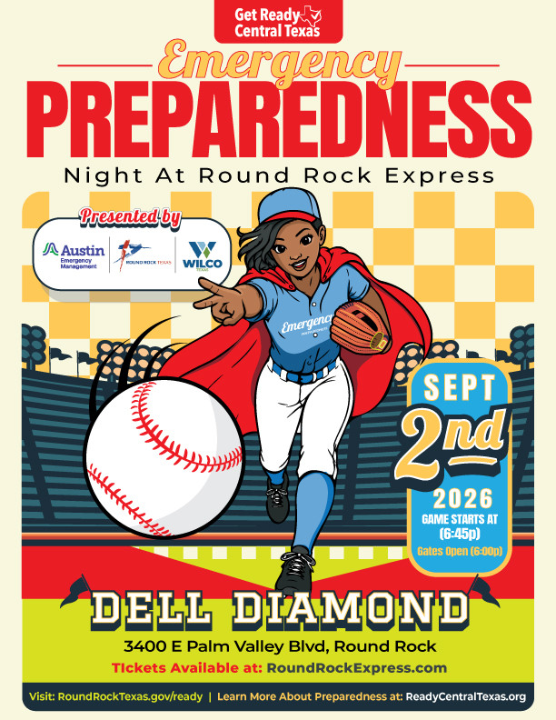 Flyer for Preparedness Night at the Round Rock Express game on September 2nd at Dell Diamond at 6:45pm.