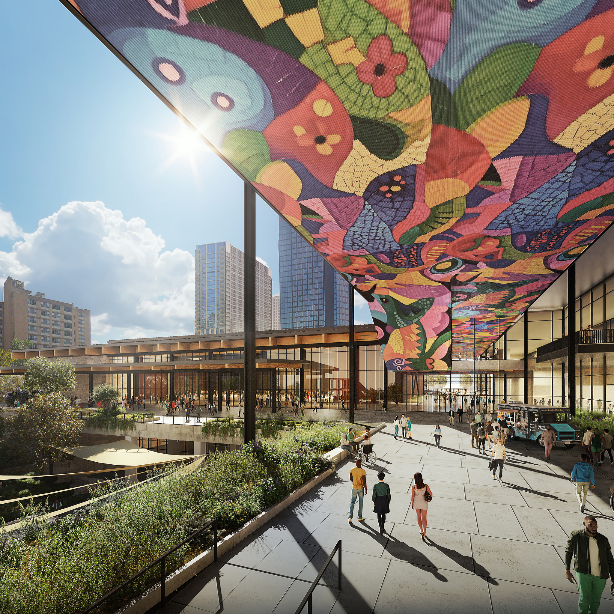 Rendering of the outside of the new Austin Convention Center with a colorful mural