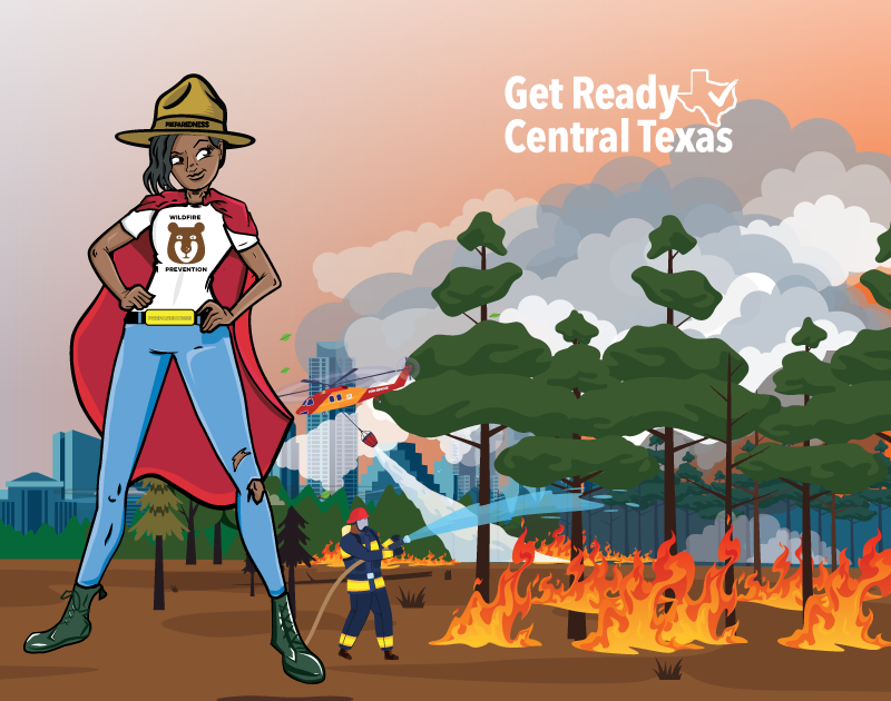 Superhero and firefighter fighting a wildfire with the city in the background.