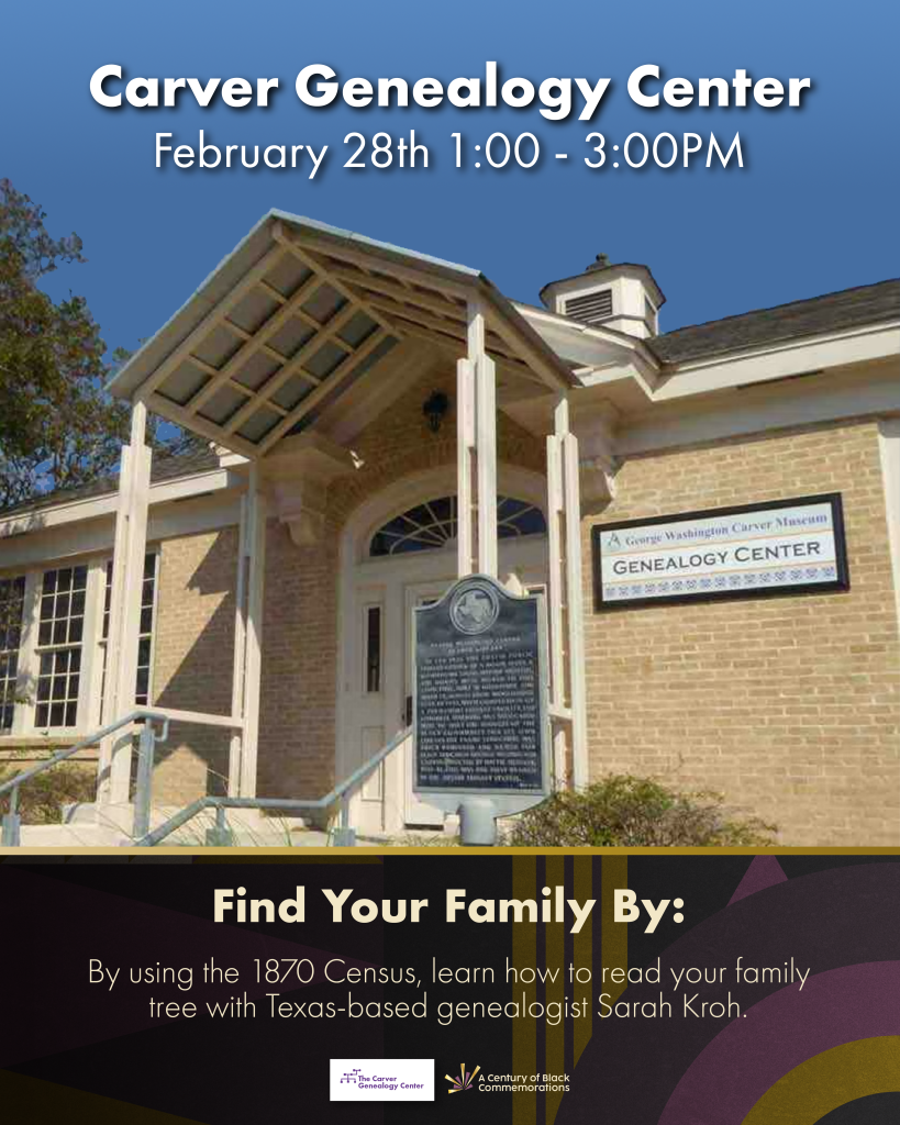 image of the george washington carver genealogy center in austin texas and text reading: 4th Saturday Genealogy Centerr