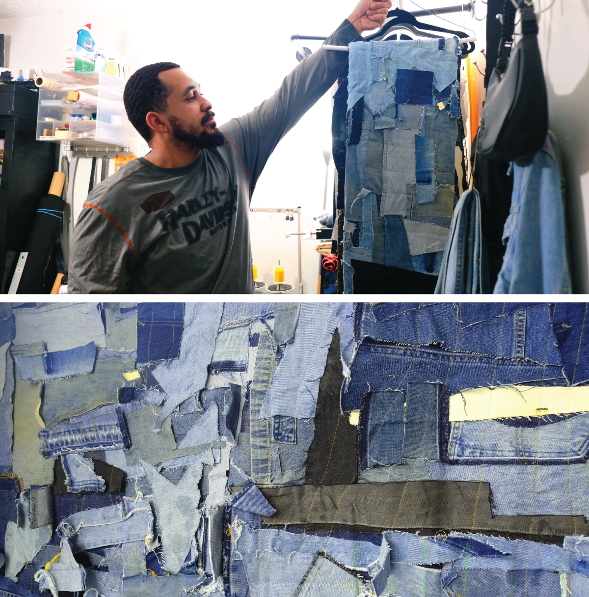 Top, Billy hangs a textile he made from individual denim scraps. Bottom, a close-up of the patchwork textile.