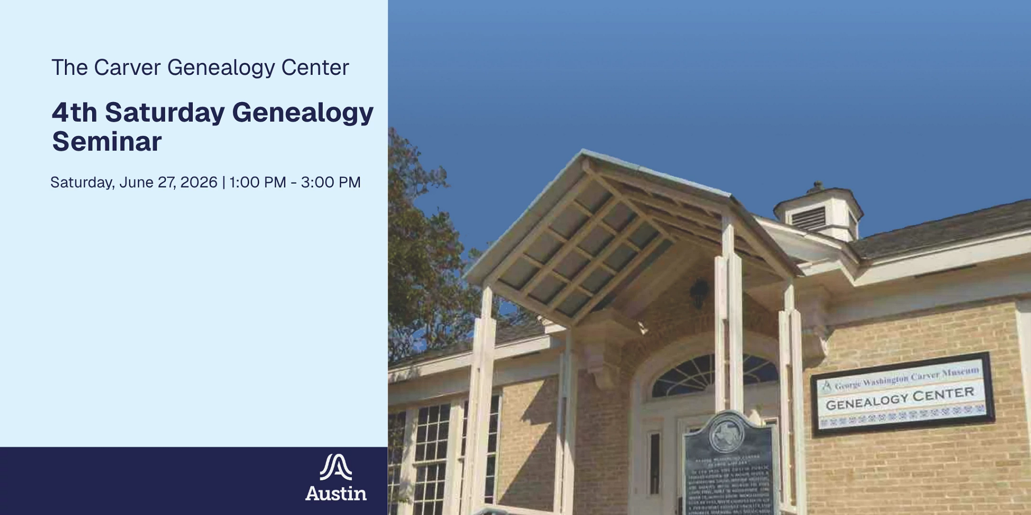 dark and light blue graphic with photo of the george washington carver genealogy center
