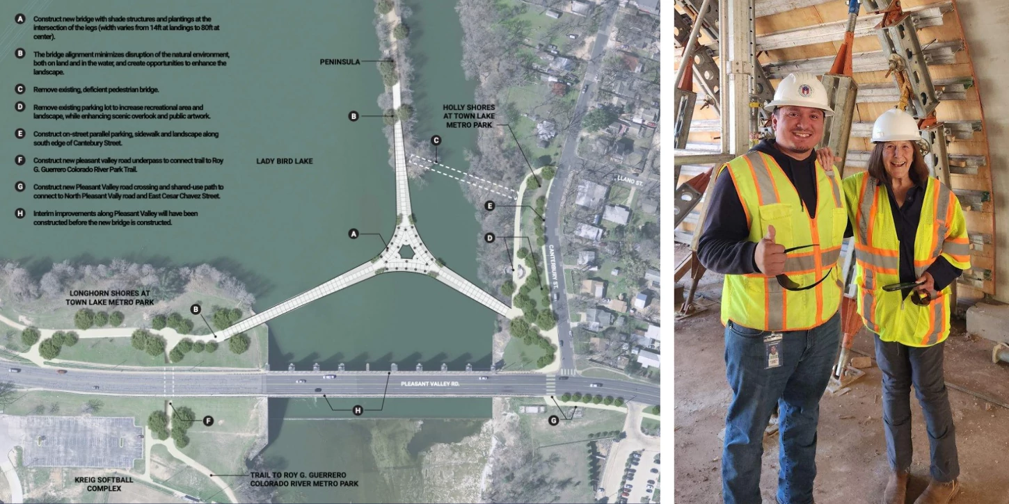 Collage of Wishbone Bridge Exhibit and two people in the tunnel underpass