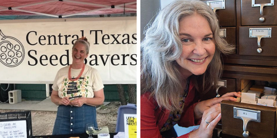 Left to right: Colleen at a Central Texas Seed Savers tabling event Colleen smiles with Austin Public Library’s seed collection that she started.