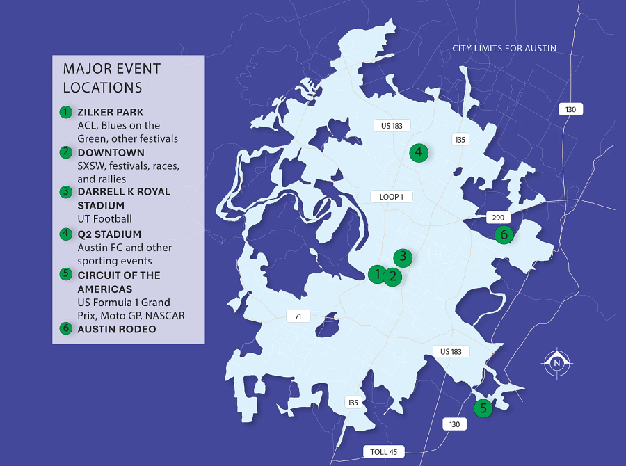Map showing major event locations in Austin