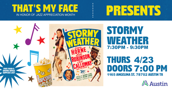 Blue and white graphic featuring the classic artwork from the film Stormy Weather