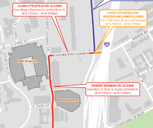 Closure Map Document for the 2026 Clyde Littlefield Texas Relays