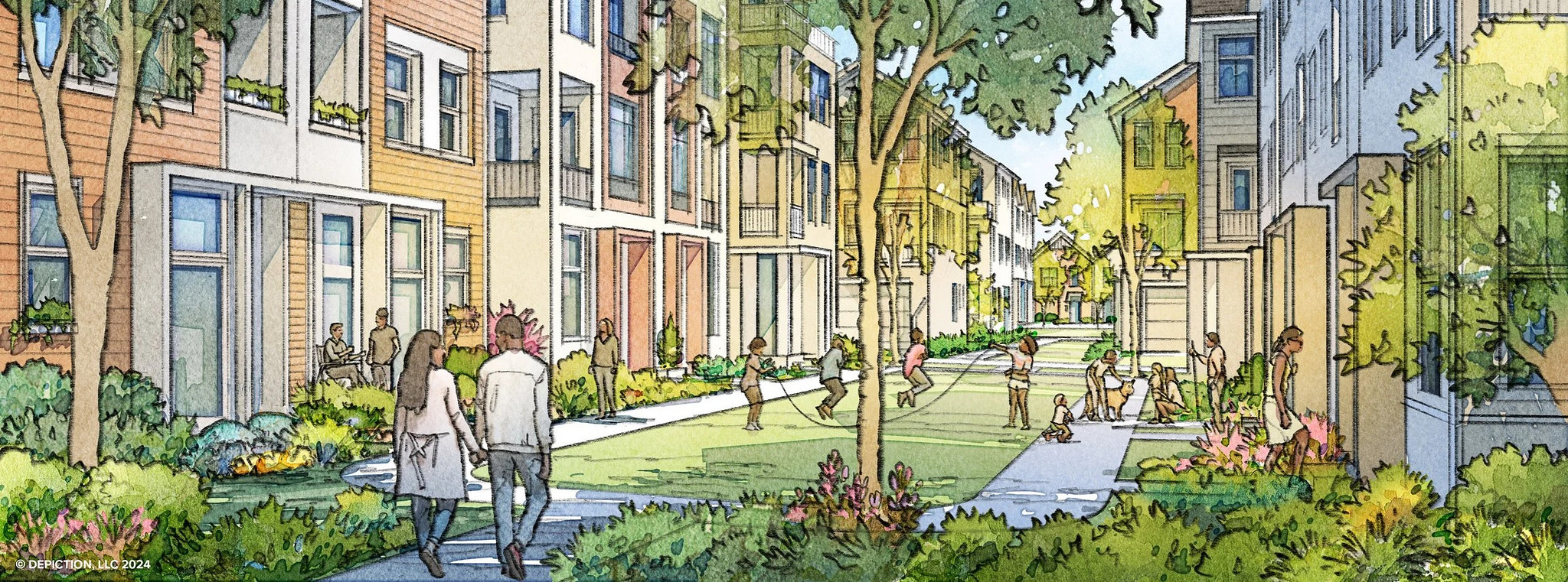 Watercolor illustration of a modern townhome courtyard with people walking, children playing, and lush green landscaping.
