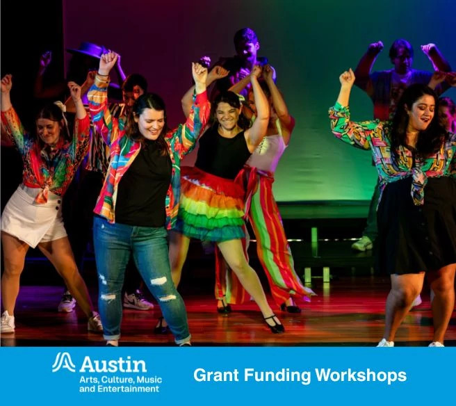 A lively dance performance with a group of individuals on stage, showcasing vibrant outfits and joyful expressions. Text saying "Photo by: Bailey Savage - Courtesy of River City Pops ACME Workshop: Elevate for Artists, Arts Groups, and Musicians