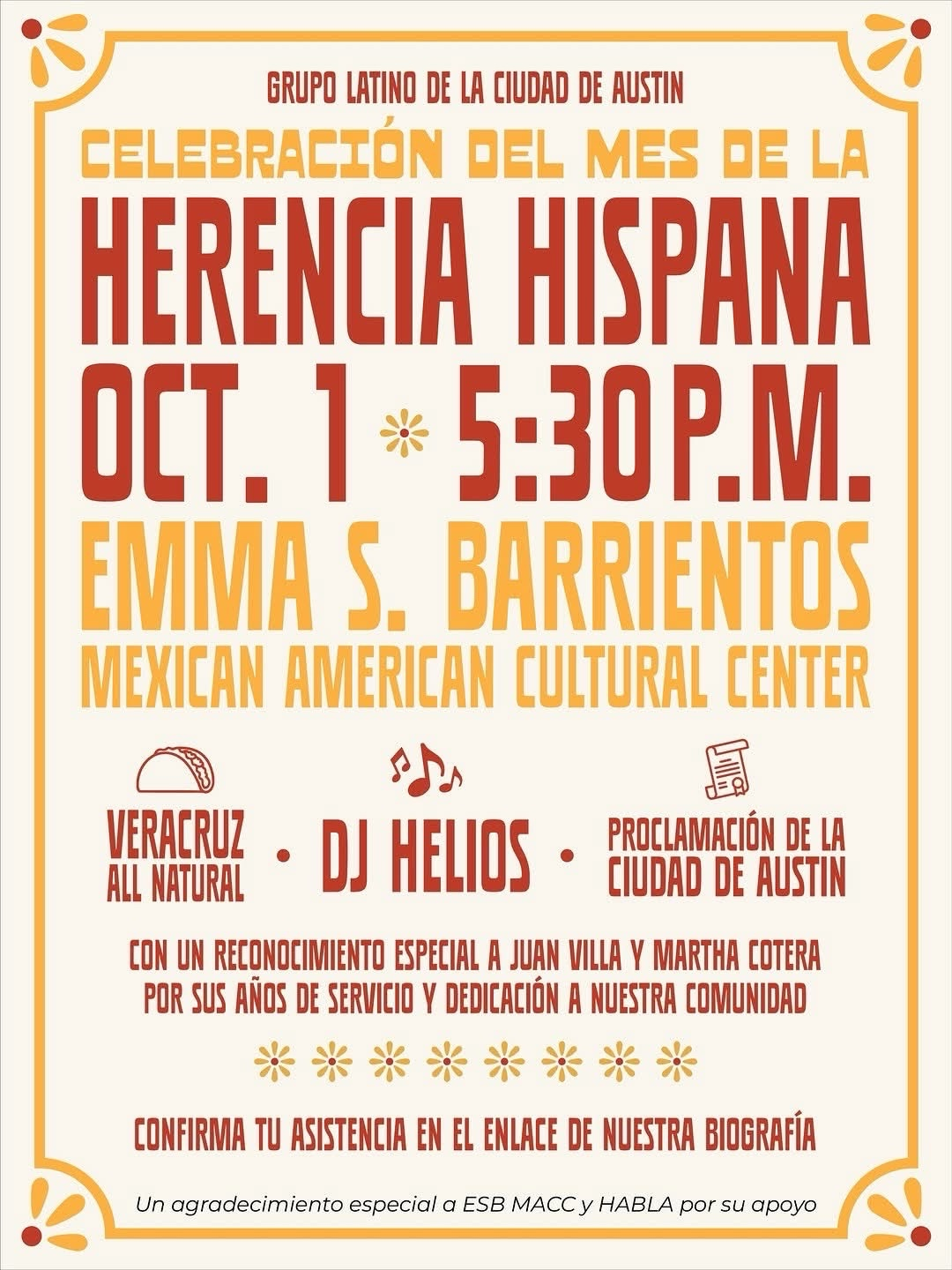 ESB MACC Herencia Hispana October 1st at the MACC cream and red