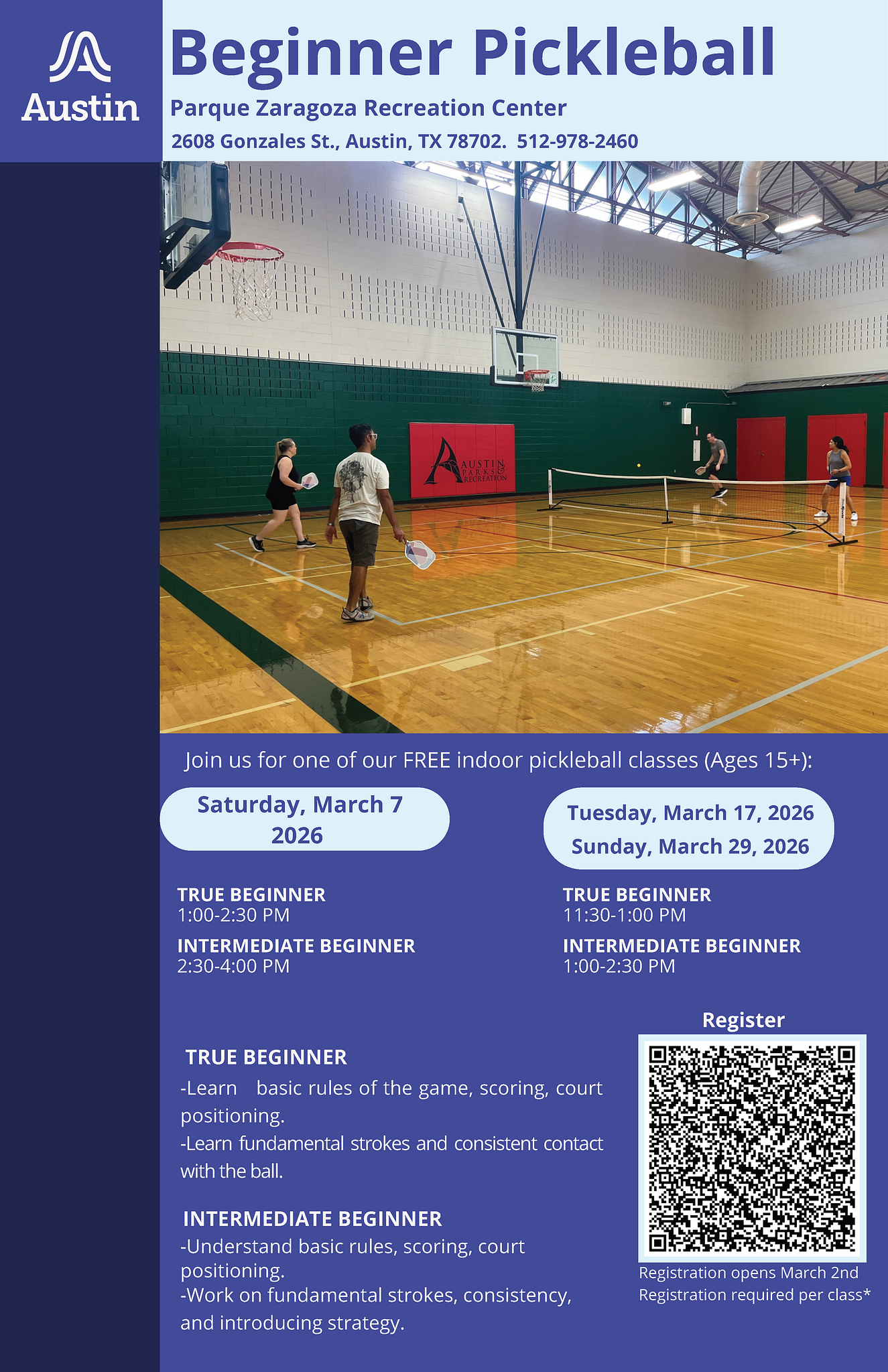 Flyer advertising Parque Zaragoza Rec Center Beginner Pickleball classes on March 7, 17 and 29.