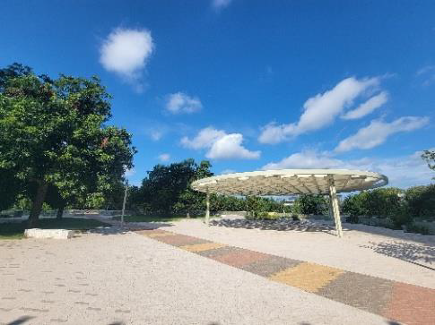 Emma S. Barrientos Mexican American Cultural center empty plaza with shade structure