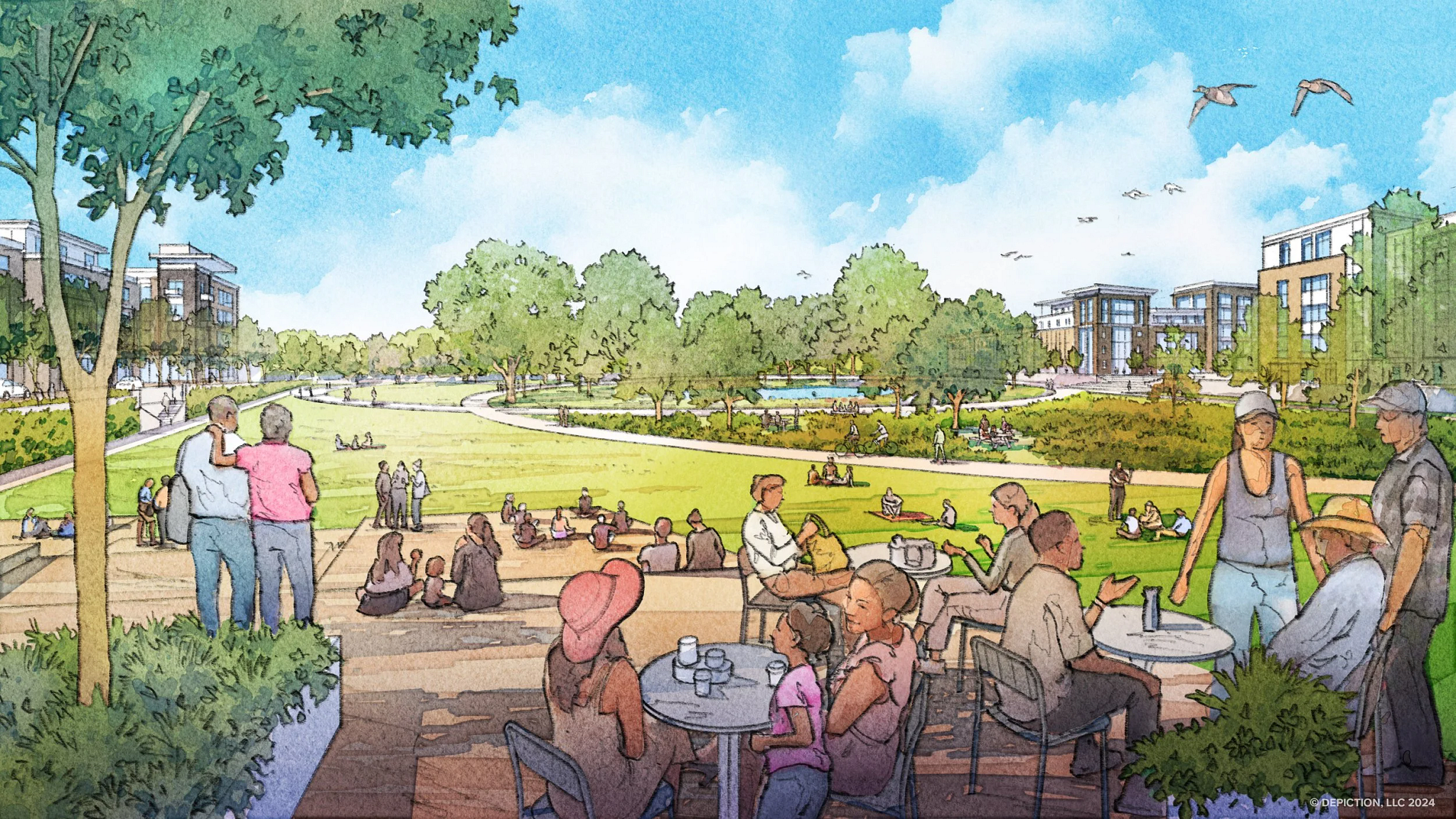 A watercolor illustration of the Colony Park Sustainable Community from the developer plan. 