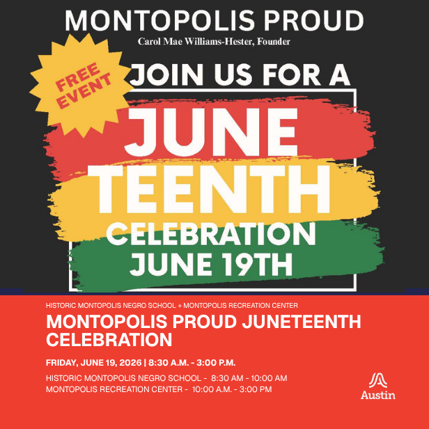 black graphic with red, yellow, and green pain stripes and text reading Montopoli proud Carol Mar Williams-Hester, Founder Free Event Juneteenth Celebration June 19