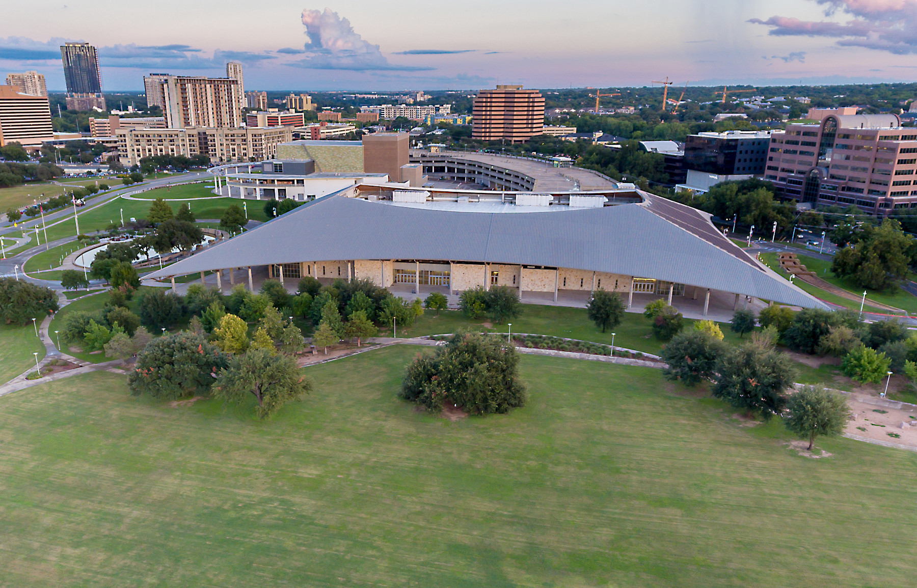 Bird's eye view exterior image of the Palmer Events Center and surrounding buildings