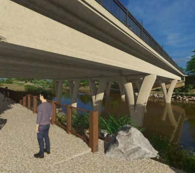 Artist's rendering of view from trail along Barton Creek underneath new Barton Springs Road Bridge.