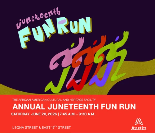 purple pink red green graphic with bodies running and text reading juneteenth fun run 