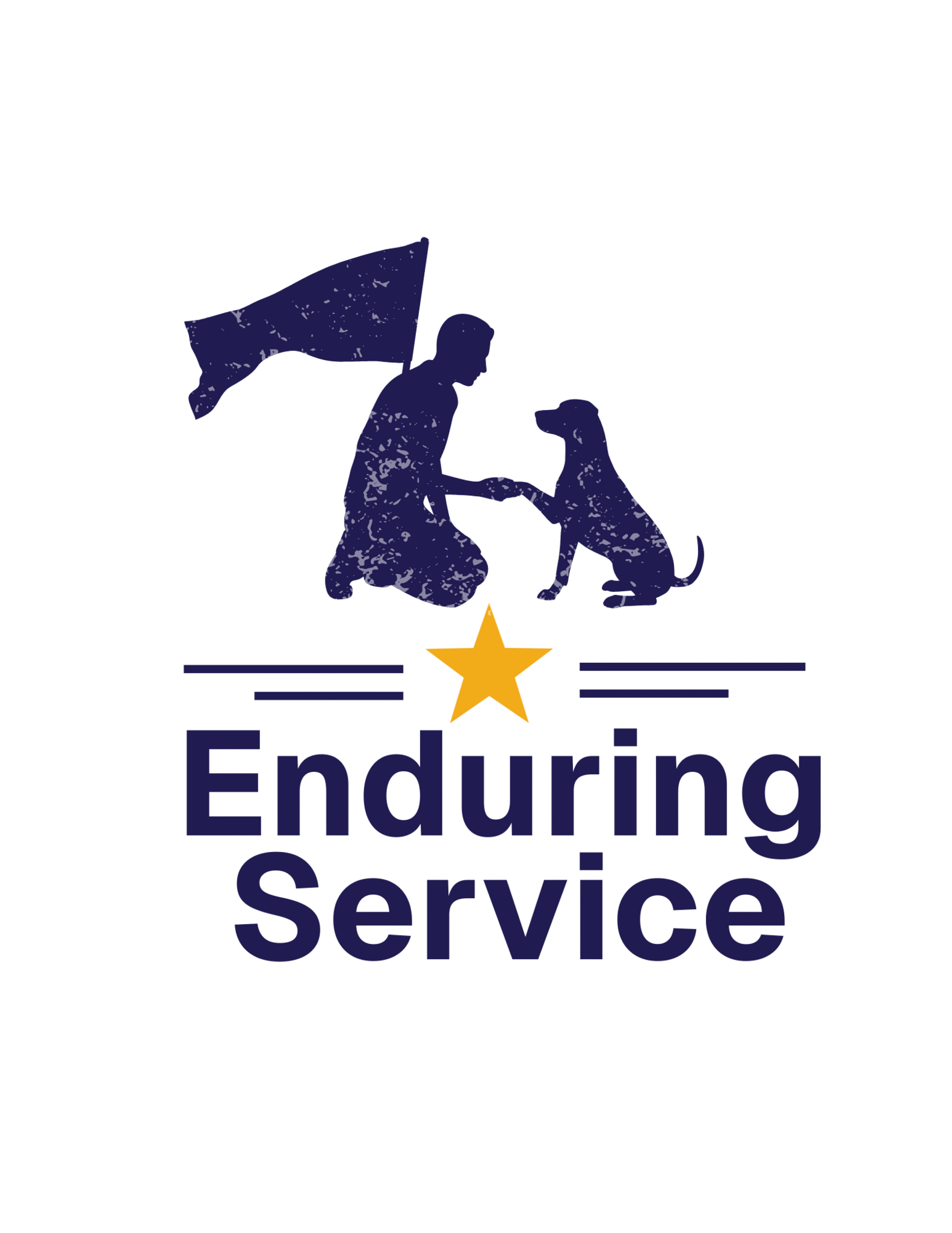 Silhouette graphic of a man kneeling with a flag waving above him as he shakes a dog's paw.  