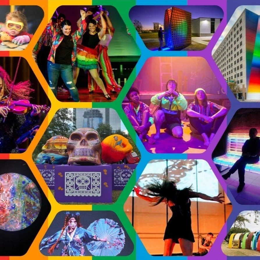 Photo collage of creatives around Austin with rainbow motifs and the words Austin Arts, Culture, Music and Entertainment with a rainbow City of Austin logo