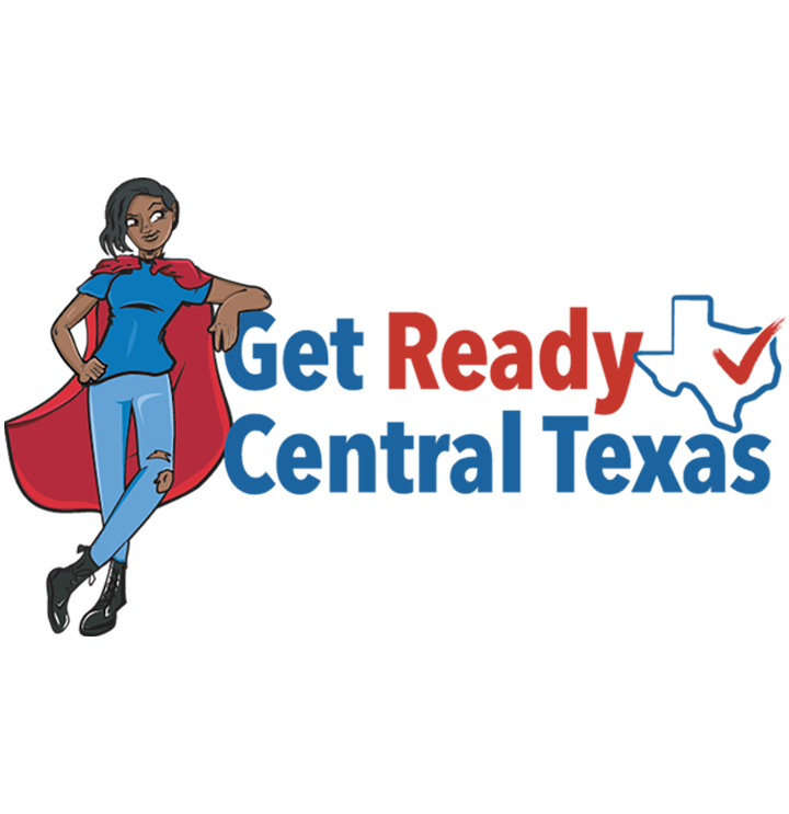 Superhero Leaning against Ready Central Texas Logo