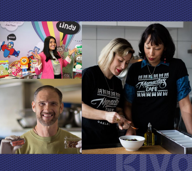 collage of Kiva borrowers, from top left - Lindy, a toymaker, Mamacitas cafe owners, and Shay with his granola bars
