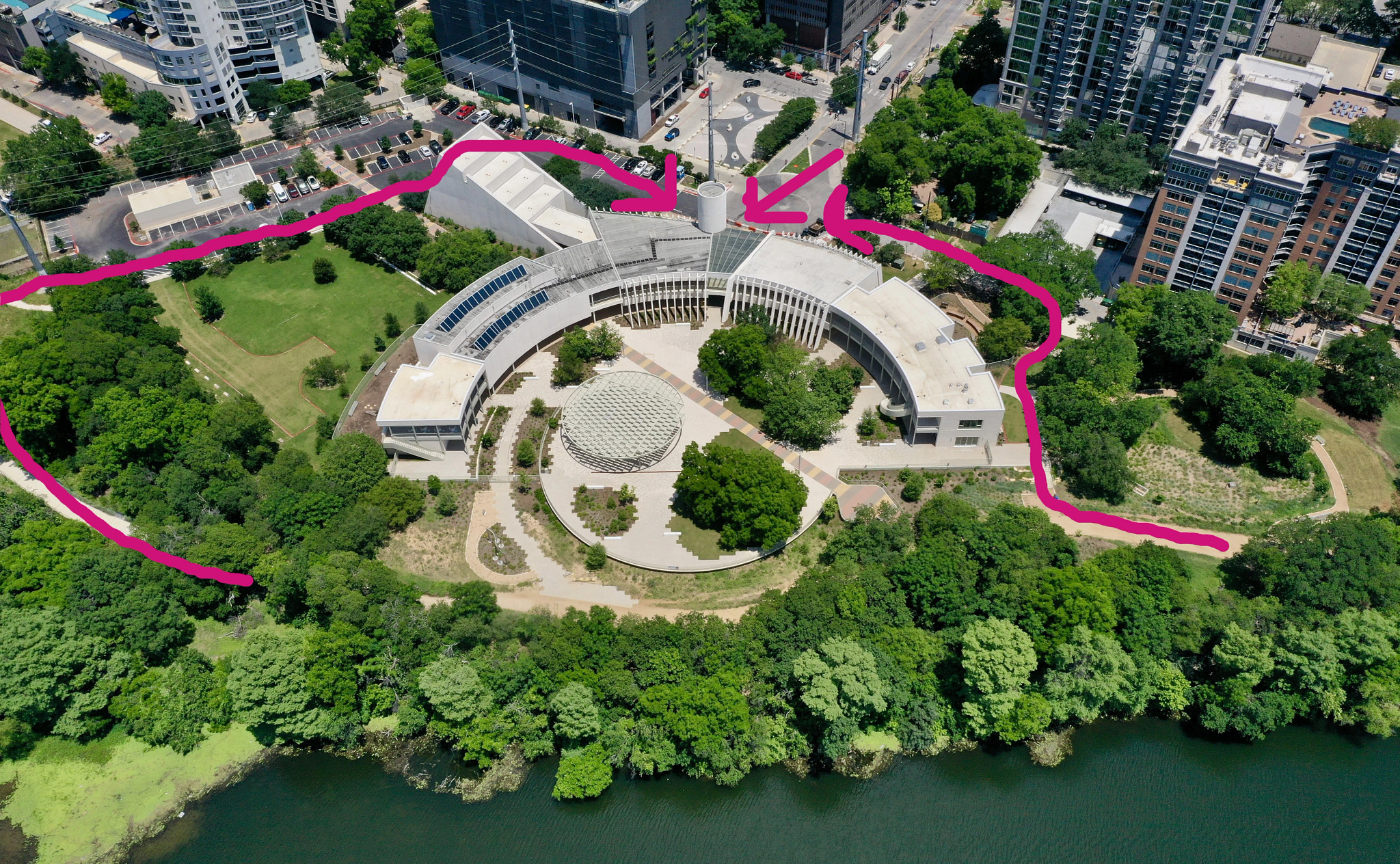 ESB MACC map of walking paths to the Gran Entrada with pink lines from aerial view