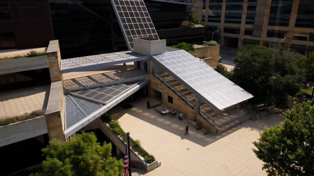 Overhead view of Austin City Hall entrance.