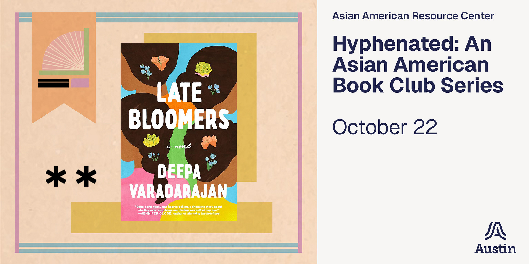 Pink graphic with a picture of the cover of Late Bloomers