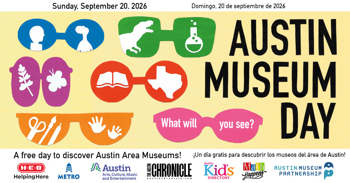 A graphic with colorful sunglasses and the text 'Austin Museum Day Sunday, September 20 2026 A free day to discover Austin Area Museums'