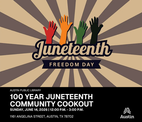 gray and cream sunburst with hands reaching upward in red yellow green and black and text reading juneteenth freedom day
