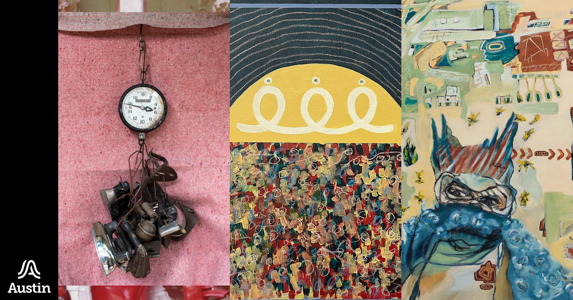 A graphic made up of three images of artwork, the first a photograph of irons, the second an abstract painting, and the third a painting of a person in an abstracted environment and the text 'A Austin'