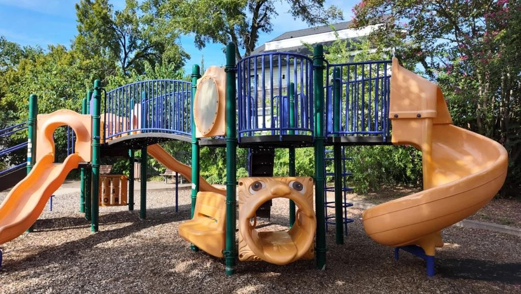 Play structure at Chestnut park showing slides and platforms