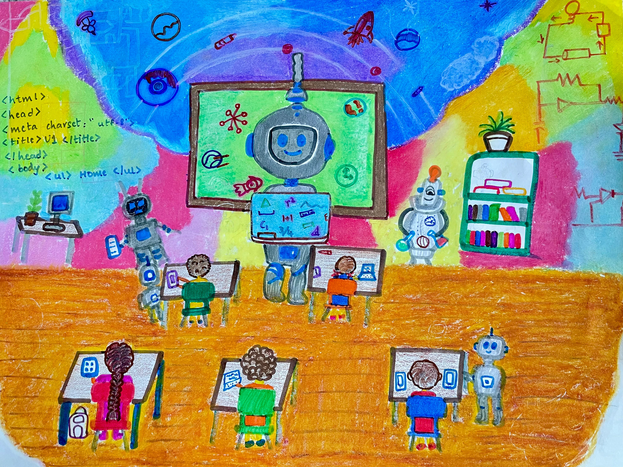robot teacher surrounded by students