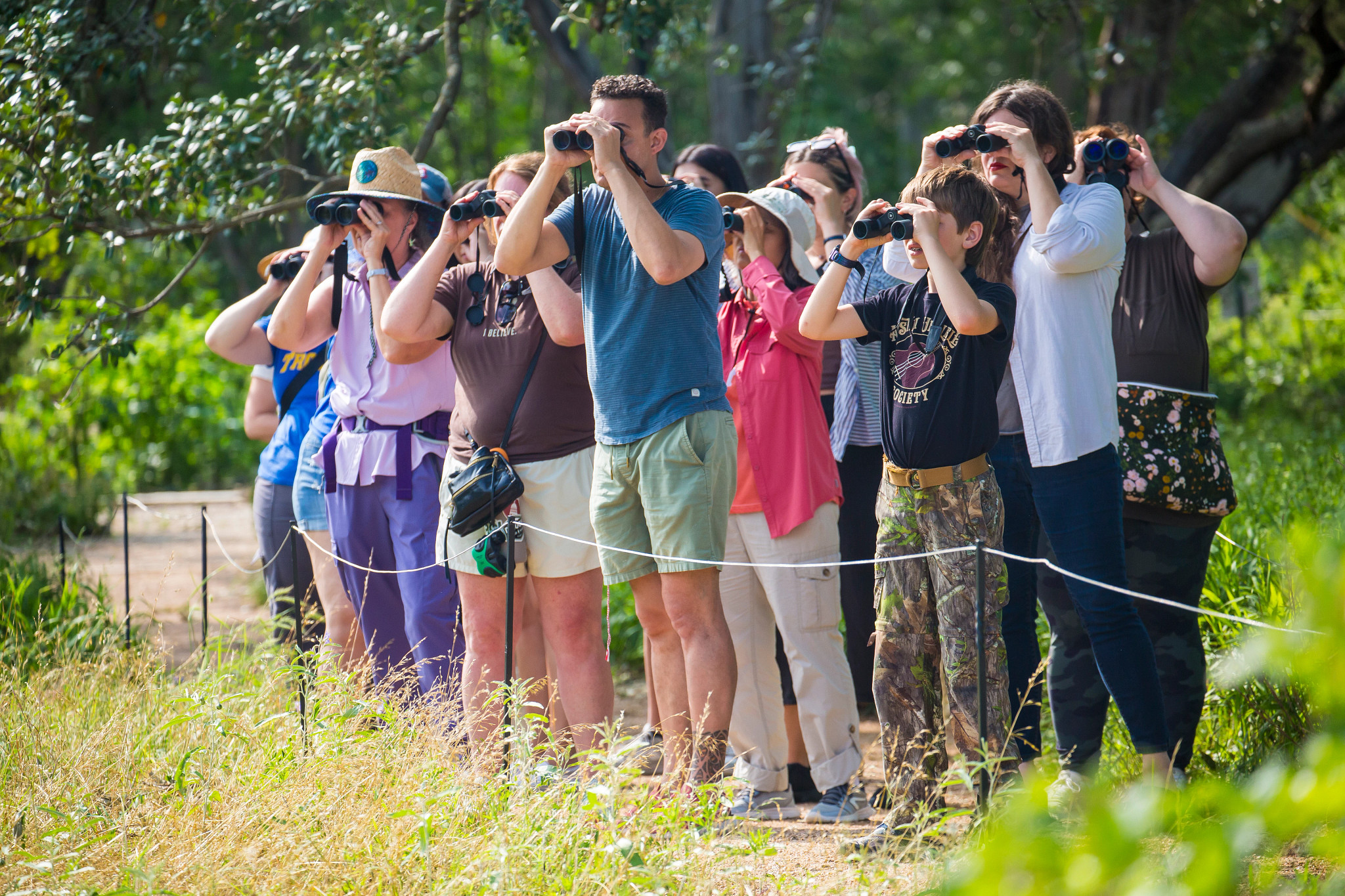 A group of people with binoculars looking over a grassy field