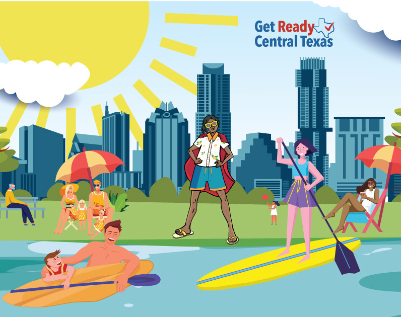 Image a superhero standing on a beach with city in the background.  Paddle boarders are playing in the water.  