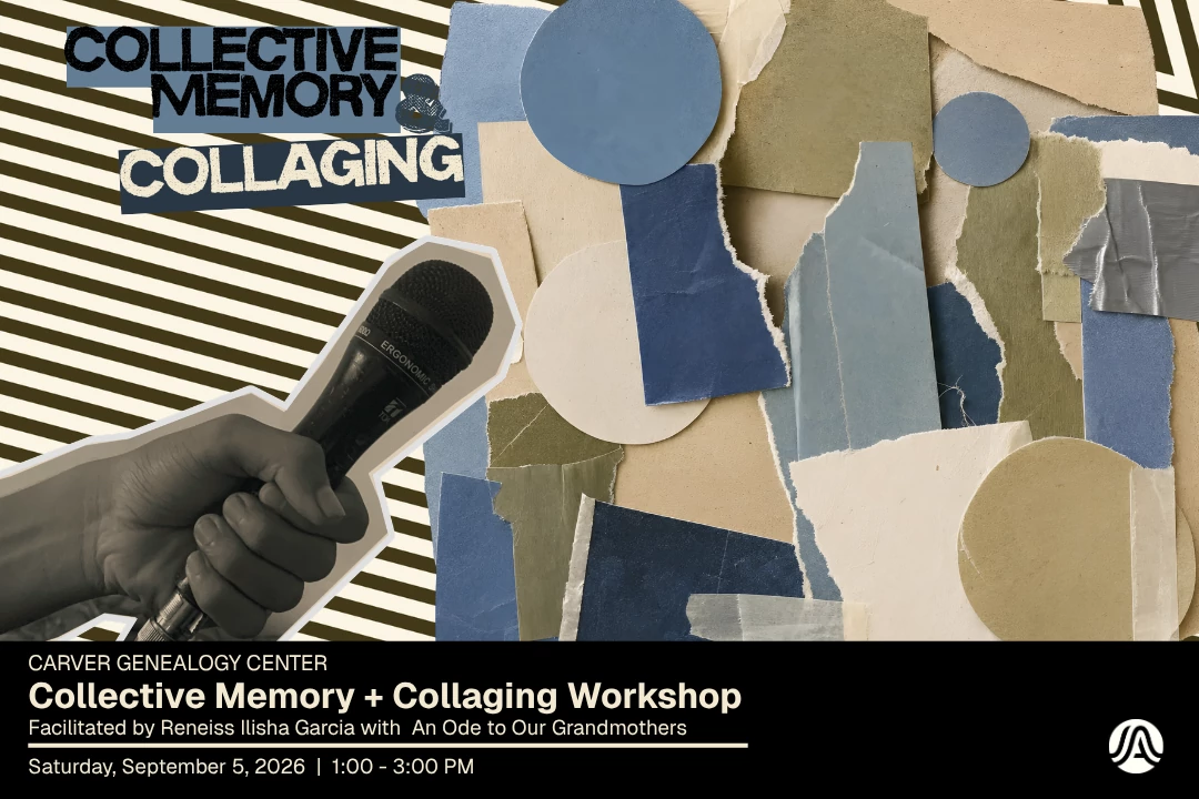 graphic with stripes, a collage, and a hand holding a microphone