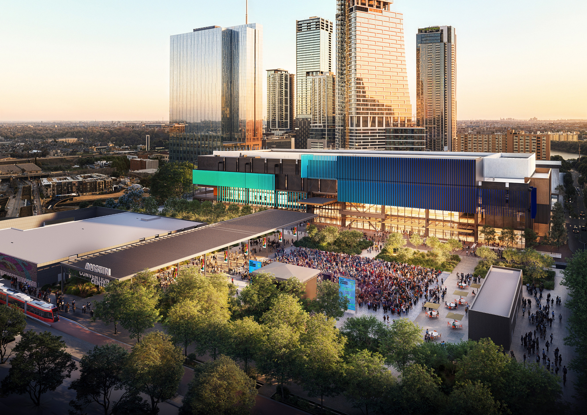 Austin Convention Center rendering showcasing the outdoor space from third street