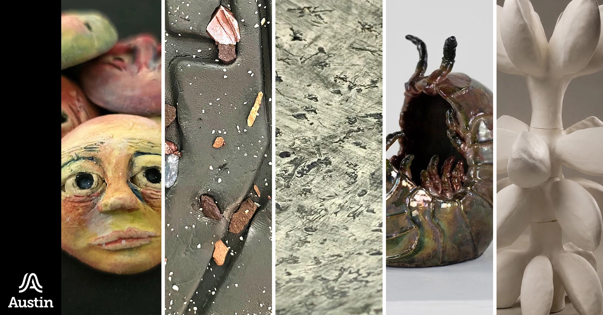 A banner graphic made up of five different image of ceramic artwork and the Austin A logo.