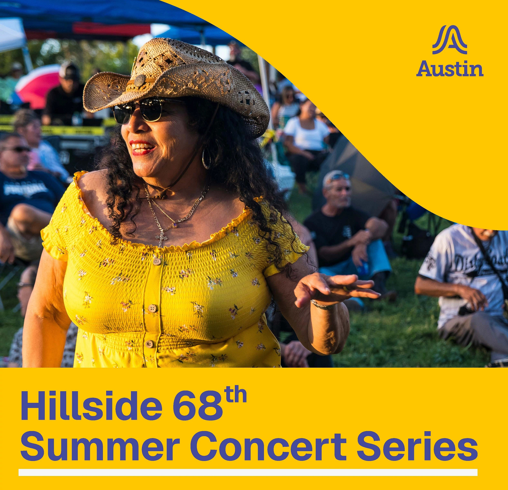Emma S Barrientos Mexican American Cultural Center Hillside Concerts yellow background and woman smiling in cowboy hat