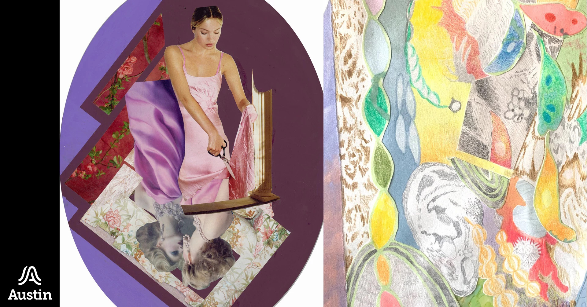 A graphic made up of two images of artwork. The first a collage of a person cutting a book with scissors. The second artwork is a abstract collage of colorful illustrated shapes. Along with the images is the Austin A logo.