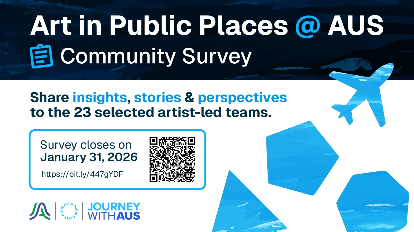 Graphic for Art in Public Places at AUS Community Survey with blue geometrical elements and a link and QR code to the survey