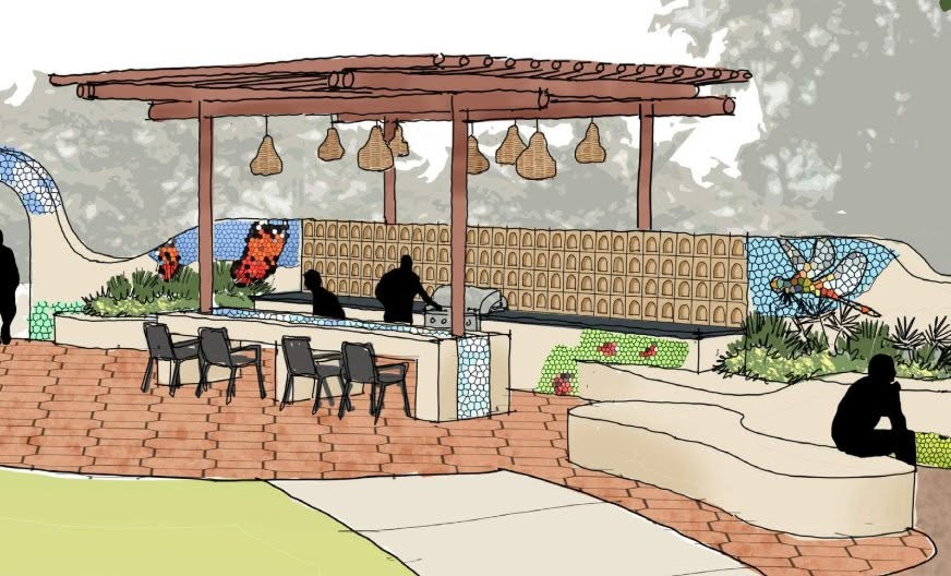 A design concept showing an outdoor gathering area inspired by a kitchen